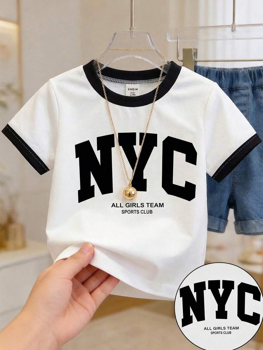 SHEIN Playful Pals 女嬰經典英式圖案圓領短袖T恤 女童上衣套頭衫 適合春/夏 適用尺寸6M-3T - 黑與白 - 查看 1