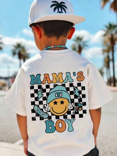 SHEIN 男宝宝新款休闲简约可爱风英文字母T恤，街头时尚，亲子装，美式复古，妈妈和儿子，圆领短袖针织衫，适合春夏穿着，适合街拍