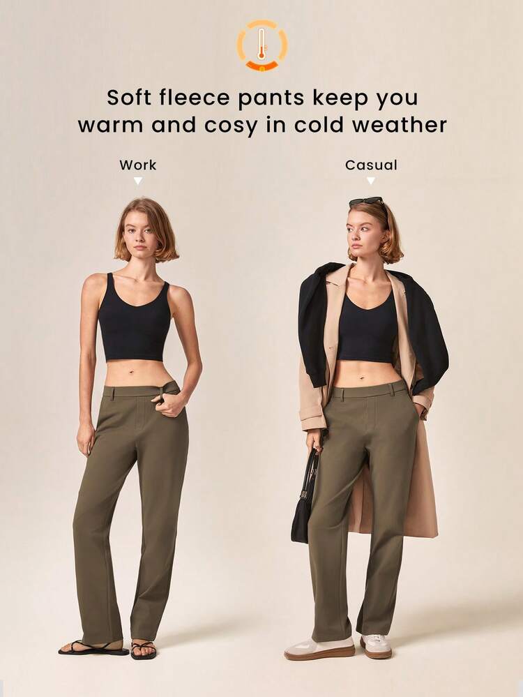 Pantalón recto de trabajo versátil de 29" de resiste a las arrugas, elástico y cálido, de fácil puesta, con bolsillos laterales, para uso diario, casual y de oficina, apto para otoño e invierno
