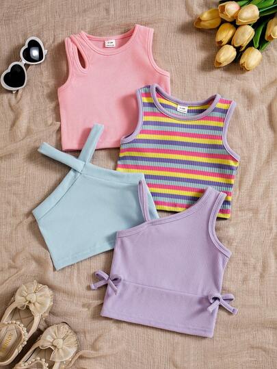 SHEIN Playful Pals 4pcs/Set Baby Girls' Colorful Dopamine Print Solid Color Camisole Tops, Summer