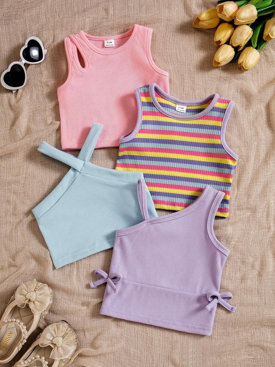 SHEIN Playful Pals 4pcs/Set Baby Girls' Colorful Dopamine Print Solid Color Camisole Tops, Summer - Multicolor - View 1