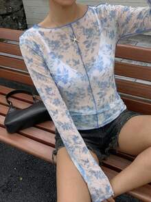 DAZY Floral Print Top-Stitching Mesh Top Sheer Long Sleeve Women Tops - White - View 15