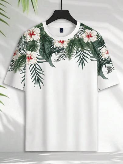Manfinity RSRT Áo thun nam cỡ lớn tay ngắn in họa tiết lá nhiệt đới, áo thun cổ tròn mùa hè kiểu dáng thường ngày, áo thun cổ tròn dáng regular fit cỡ lớn, áo thun thời trang thường ngày cỡ lớn.