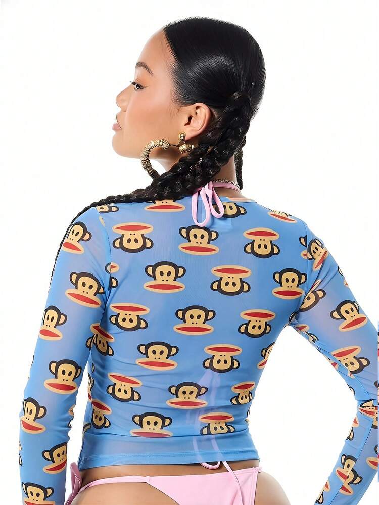 SUMWON Women's Long Sleeve Monkey Print Mesh Top With Side Tie Details Character Graphic All Over Print Blue Fashion Casual Top