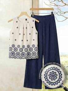 SHEIN Clasi 优雅女士纯色纹理褶皱上衣和花朵阔腿裤套装 - 藏蓝色 - 查看 1