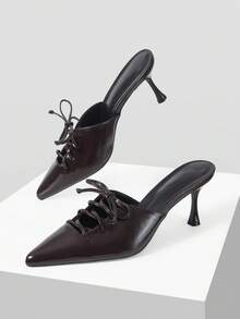 Mnmlis Giày cao gót Mullers French Stiletto Half-Tray mũi nhọn buộc dây bằng da bóng màu đen, thích hợp cho việc đi làm. - màu nâu - Xem 6