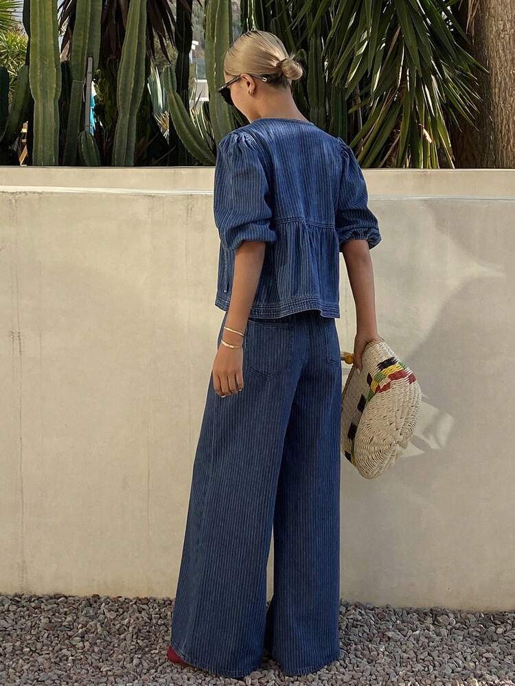 Women's Casual Petal Sleeve Top And Denim Skirt Set, Summer Holiday Outfit