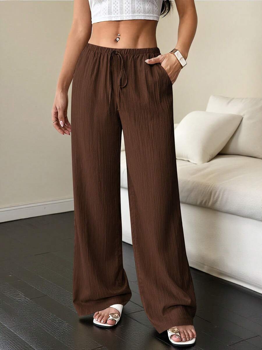 Flirla Tall Women's Pants, Textured Fabric, Waist Tie Fall Cloth For Women - Brown - View 1