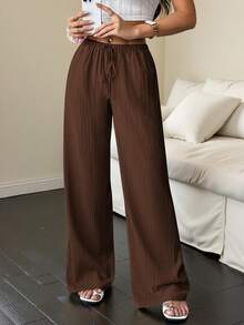 Flirla Tall Women's Pants, Textured Fabric, Waist Tie Fall Cloth For Women - Brown - View 4
