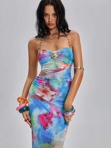 TypaGal Blue Floral Summer Boho Tropical Beach Vacation Holiday Women's Maxi Dress,Botanical Print,Shell Chain Halter Neck,Open Back Cutout Party Dress - Multicolor - View 5