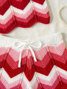 2pcs/Set Young Girl's Fashionable Casual Beach Vacation Summer Crochet Contrast Color Halter Top And Shorts Set, Unique Crochet Outfit - Red - View 4