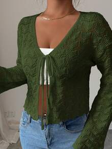 Elenzga Women's Elegant Tie-Front Hollow Out Cardigan - Army Green - View 3