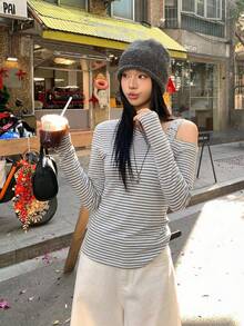 DAZY 女士休闲条纹长袖T恤，宽松版型，独特设计，春秋季款 - 灰色 - 查看 4