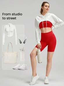 GLOWMODE 2 Pieces FeatherFit™ Sports Bra & 8'' Shorts Set Strappy Back Bra Tank Top With High Waist Side Pockets Biker Shorts Yoga Pilates Running Gym Summer - Red - View 9