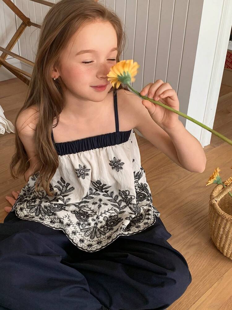 Tween Girl Embroidered Camisole Top And Wide Leg Pants Set