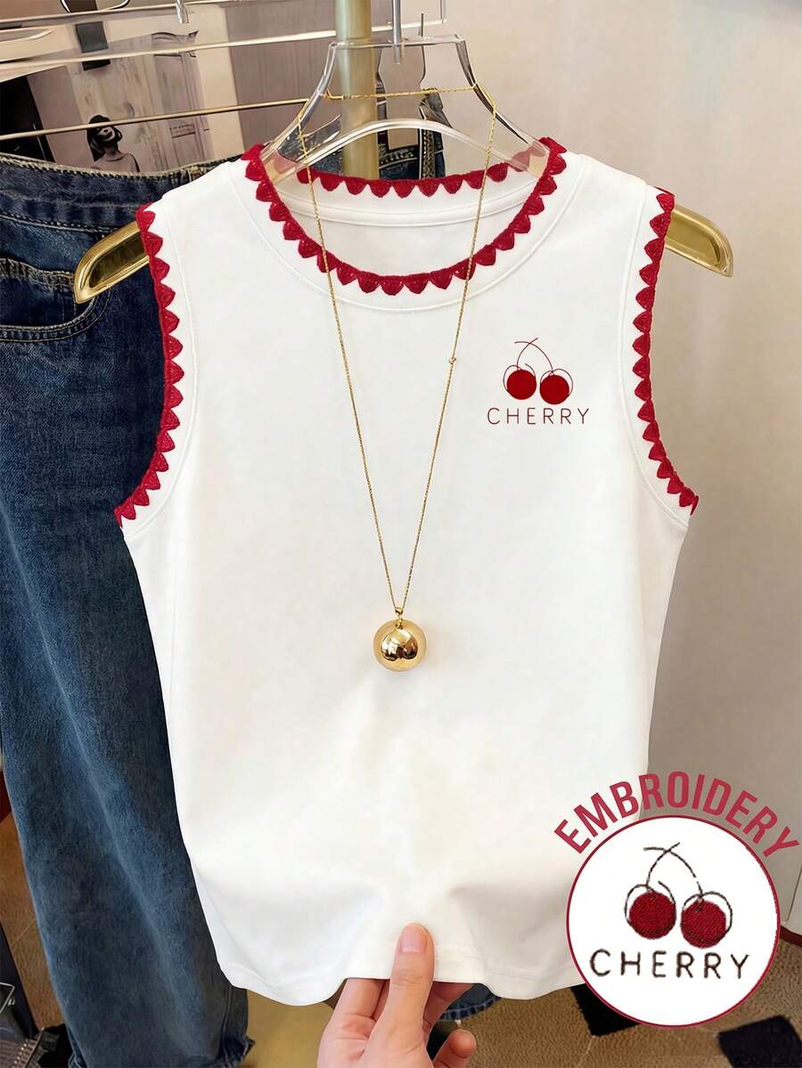 SHEIN LUNE Casual Minimalist Cherry Embroidery Summer Tank Top For Women - Multicolor - View 1