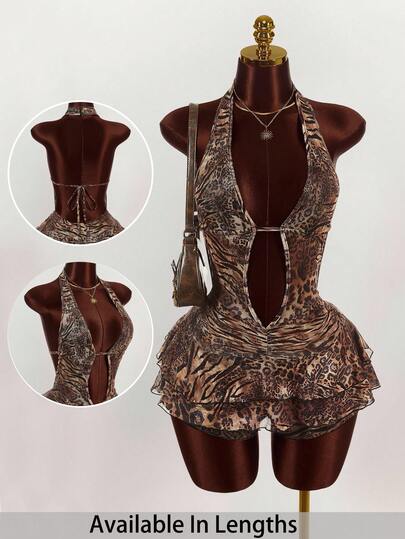 SHEIN PETITE CURVE Đầm liền quần không tay hở lưng họa tiết da báo dành cho nữ cỡ lớn