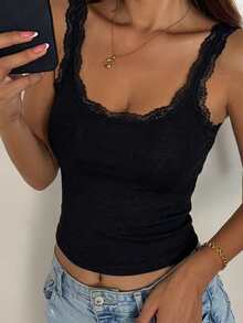 DAZY Áo camisole nữ cổ tròn ôm sát phối ren, kiểu dáng Y2K, phong cách mùa hè. - màu đen - Xem 5