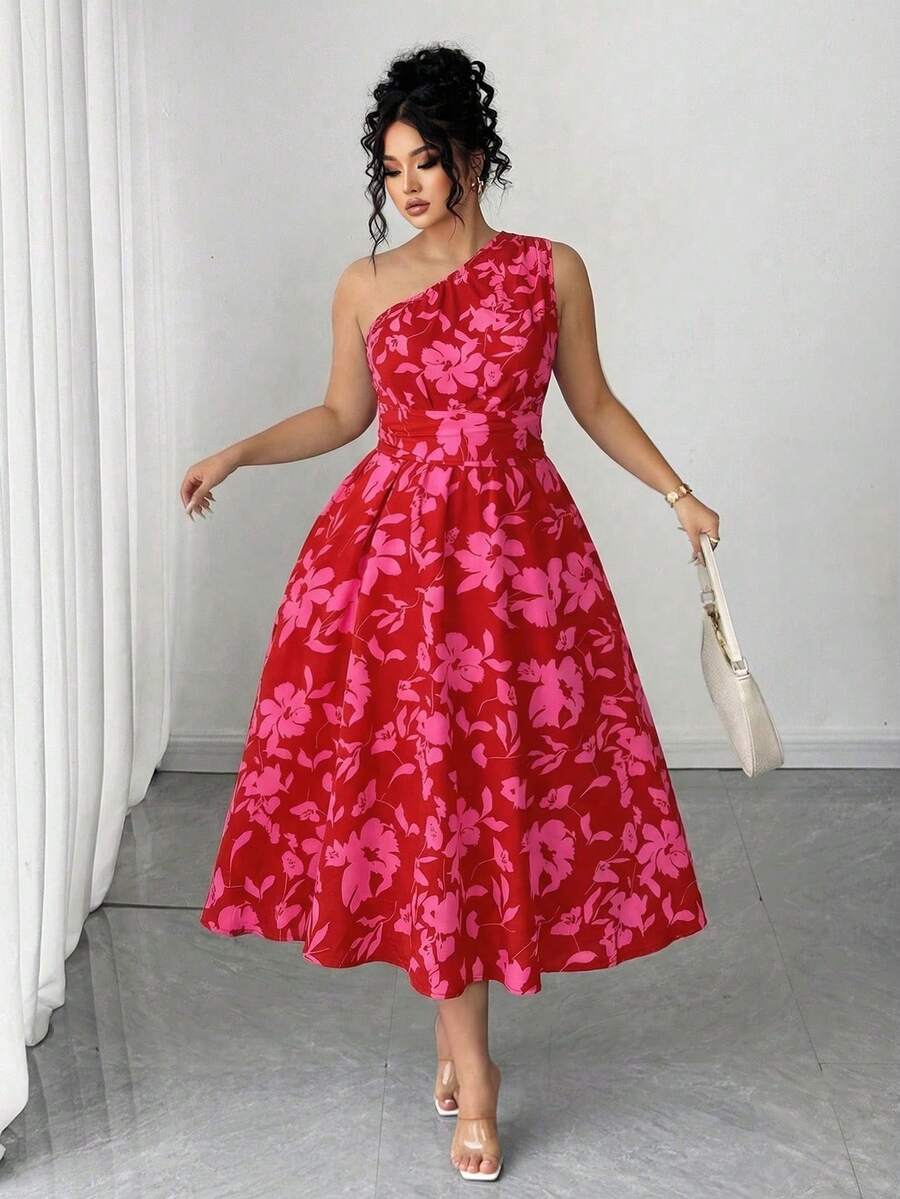 SHEIN Elenzya 大码女式优雅蓝白碎花针织长裙，适合返校、毕业典礼、情人节、音乐节、母亲节、万圣节、感恩节、复活节、国庆节、舞会、约会派对、婚礼季、户外旅行等场合。 - 玫紅色 - 查看 1