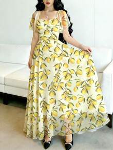 Modelyn 柠檬印花长款连衣裙，时尚方领荷叶袖设计，简约女士长裙，夏季收腰优雅长款连衣裙，适合夏季度假、日常穿着，水果图案黄色雪纺长款连衣裙 - 彩色 - 查看 4