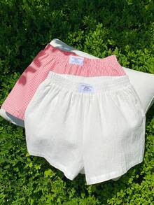 Comfortcana 2pcs Celana Pendek Wanita Musim Panas Kasual Girlisim untuk Berpergian, Liburan, Warna Polos dan Motif Pastel, Pinggang Elastis, Cocok untuk Golf - Merah - View 6