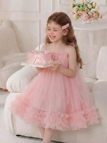 Glamorique Kids Young Girl' Spring/Summer New Mesh Tulle Dress With Bow Design,Cute Pink Dress, Elegant Party Dress - Pink - View 7