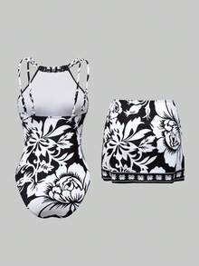 Swim Oasis 女款黑色夏季休閒熱帶度假高階優雅花卉連身泳衣附裙擺，波希米亞風兩件式坦克比基尼泳衣套裝 - 彩色 - 查看 2