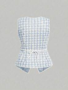 SHEIN MOD Áo tank top dệt kim họa tiết răng cưa màu hồng thanh lịch dành cho nữ cỡ lớn, viền tương phản và cúc ngọc trai. - Màu xanh lam - Xem 3