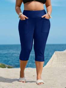Swim Lushoire Costumi da bagno minimalisti di colore unito per taglie forti, completi capri per taglie forti con tasche, pantaloni capri con tasche per donne, pantaloni 3/4 con tasche per donne - Blu reale - Visualizzare 1