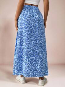 SHEIN VCAY Plus Size Women's Spring/Summer Beach Vacation Ditsy Floral Elastic Waist High Slit Hem Skirt - Blue - View 2