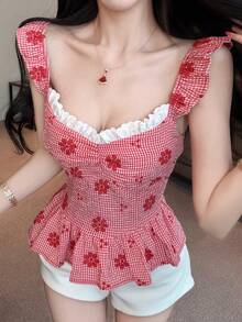 Joudiya 春夏红色花卉刺绣格纹蕾丝衬衫，修身腰身，白色蕾丝荷叶边下摆，优雅女士办公室短袖衬衫 - 紅色 - 查看 1