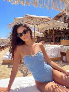 Bonvoyette Bộ đồ bơi liền thân nữ mùa xuân/hè mới, chất liệu vải họa tiết sóng biển màu xanh dương với họa tiết sao biển và vỏ sò, thích hợp cho bãi biển, hồ bơi và kỳ nghỉ. - Màu xanh lam - Xem 3