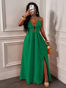 Glyssa Women's Sexy Spaghetti Strap Backless Criss-Cross Front Hollow U-Shaped Buckle Ruched Hem High Slit Dress - Green - View 3