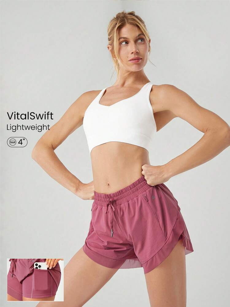 VitalSwift Szybkoschnące, zwiewne, lekkie, siateczkowe, ze sznurkiem, kieszenią na zamek błyskawiczny, antypoślizgowe spodenki z wbudowanymi spodenkami, średni wpływ, bieganie, trening, siłownia, lato