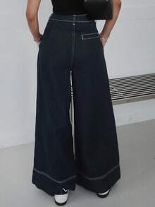 Quần jeans nữ ống rộng có túi, dáng suông, đa năng. - Màu xanh lam - Xem 8