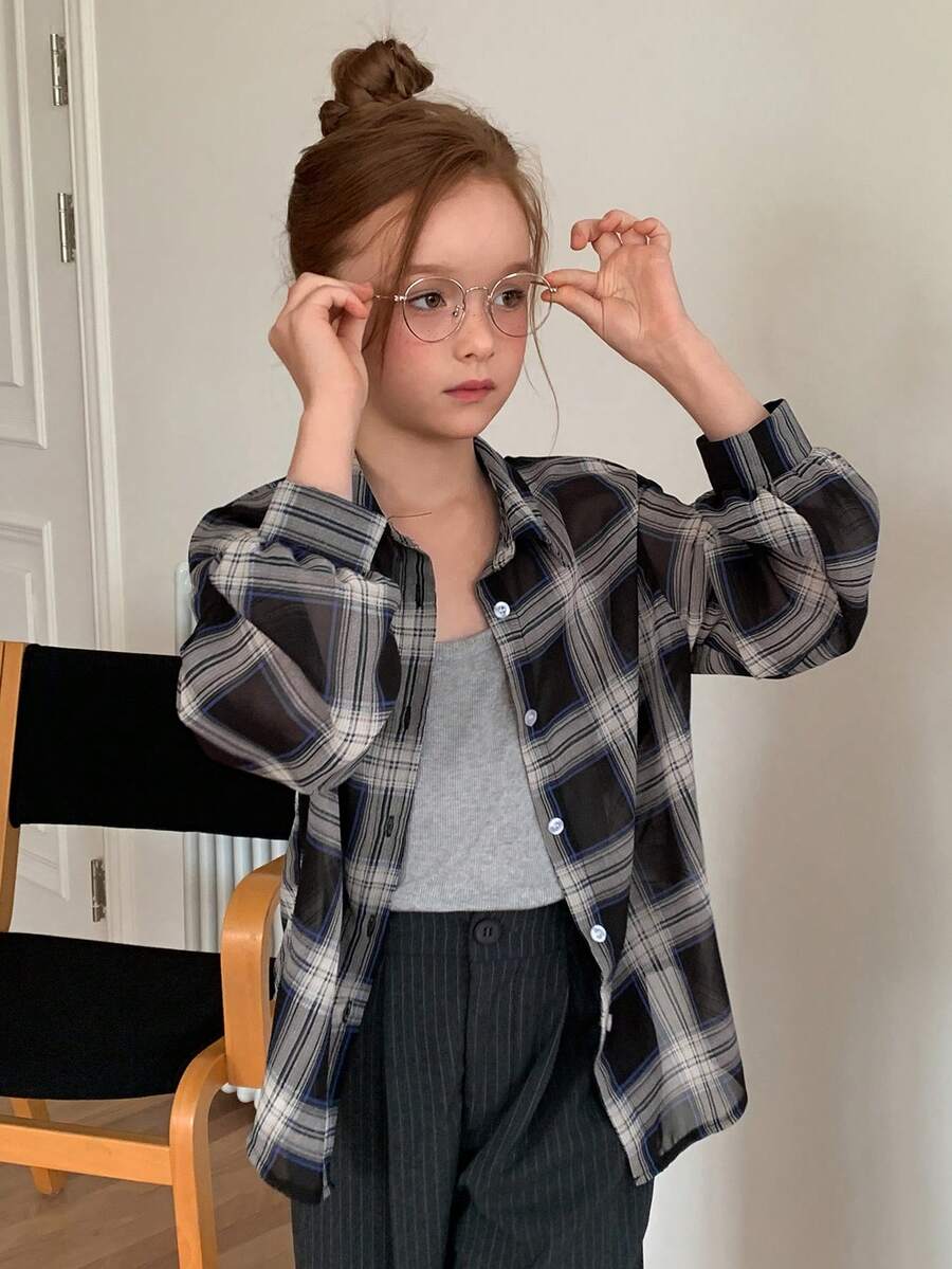 Dazy Kids 少女格子长袖单排扣休闲宽松衬衫 - 黑與白 - 查看 1