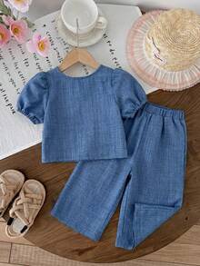 SHEIN Setelan Cardigan Lengan Pendek dan Celana Panjang Warna Biru Tua & Putih dengan Hiasan Pita untuk Bayi Perempuan, Cocok untuk Jalan-jalan di Musim Semi, Pakaian Musim Panas untuk Anak Perempuan - MultiWarna - View 5