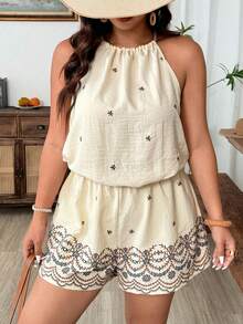 Weeklong Mono de verano con estampado, elegante y casual, con cuello de lazo, para vacaciones y uso diario, con estilo retro francés - Albaricoque - Ver 4