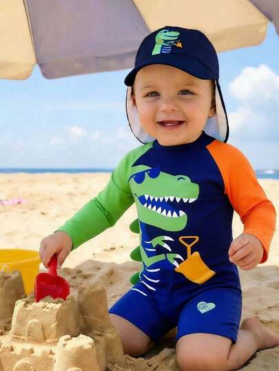 1 bộ đồ bơi liền thân dài tay có mũ cho bé trai, in hình hoạt hình, thích hợp cho bãi biển, bơi lội, kỳ nghỉ.