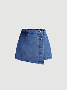 SHEIN Girlism Tween Girls Light Blue Washed Denim Asymmetrical Button Skort And Shorts, Summer Y2K Vacation - Dark Wash - View 5