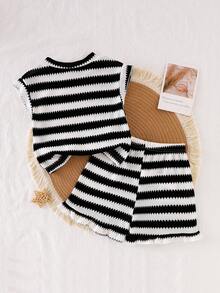 SHEIN Playful Pals 女童（小号）黑白条纹提花针织无袖上衣和短裤套装，休闲简约夏季日常穿搭 - 黑與白 - 查看 2