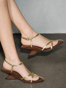 2025 French Leather Pointed Toe Wedge Heel Fashionable Minimalist Elegant High Heel Sandals For Women [Approx. 3.2CM-3.6CM Toe Room After Wearing] - Gold - View 3