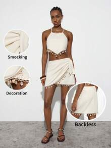 SHEIN Maija Chân váy quấn buộc dây trang trí mặt dây chuyền dành cho nữ - Màu be - Xem 2