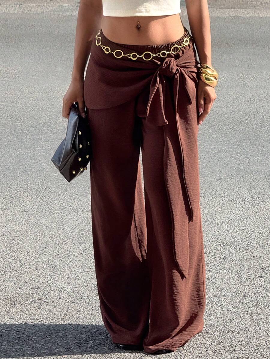 Slaydiva 女士休闲宽松系带阔腿裤，夏季 - 棕色 - 查看 1