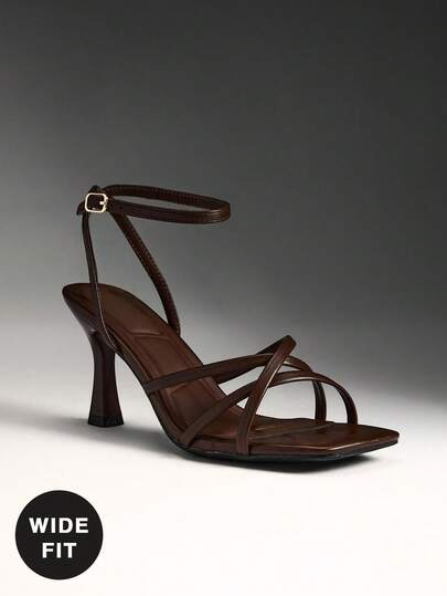 SHUZIA 女士方头雕花鞋跟软垫鞋垫系带PU咖啡色高跟凉鞋——简约、时尚、优雅