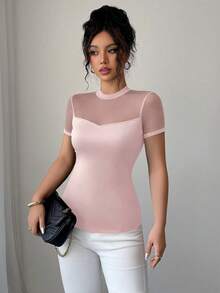 SHEIN Tall 女士优雅纯色百搭透视弹力修身T恤 - 粉色 - 查看 4