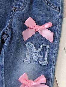 SHEIN 女婴春夏休闲风两件套，上衣+心形刺绣长裤牛仔套装 - 淺粉色 - 查看 7