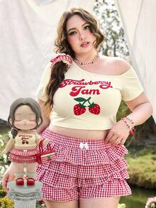 Sweetness 女士复古美式坏女孩复古文字草莓印花不对称腰部T恤 - 杏色 - 查看 5