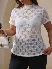 Elegantrix 1 pieza Camiseta de mujer de talla grande con cuello de pie hueco y estampado de polvo, elegante y casual, para primavera/verano - Blanco - Ver 3