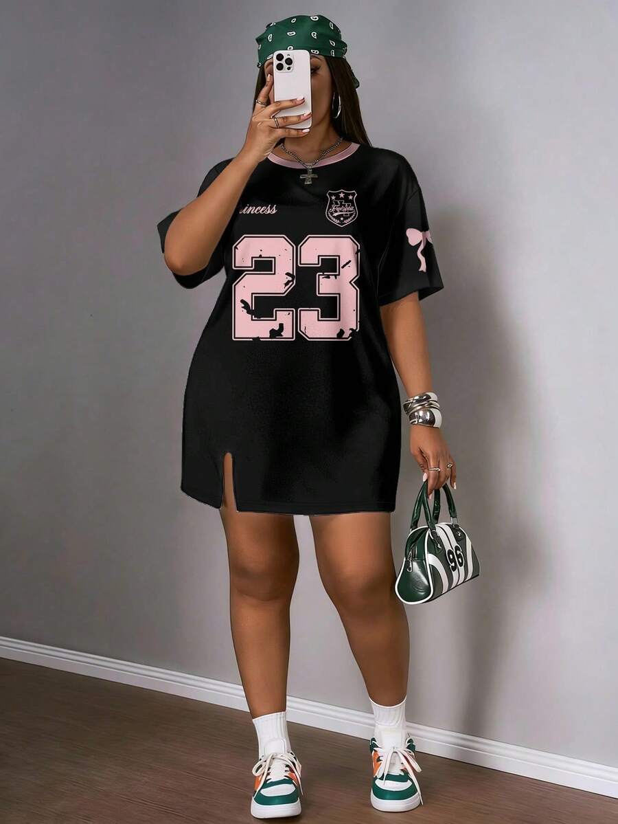 Slaydiva Plus Size Numeric Print Round Neck Summer Short Sleeve Dress - Multicolor - View 1